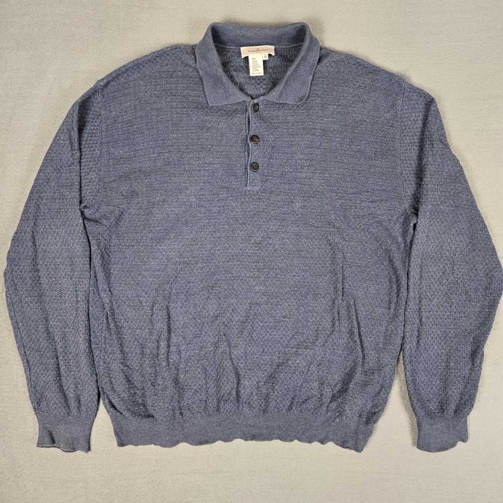 Ermenegildo Zegna Polo Shirt Mens Large Blue Long Sleeve Textured 100% Cotton
